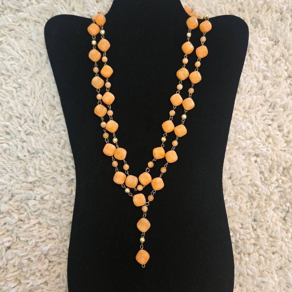Vintage Orange Long Bead Necklace Gold Accwnt Beads